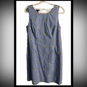 Talbots Dress Women12P Petite Sleeveless Casual Blue White Lemon Embroidered EUC